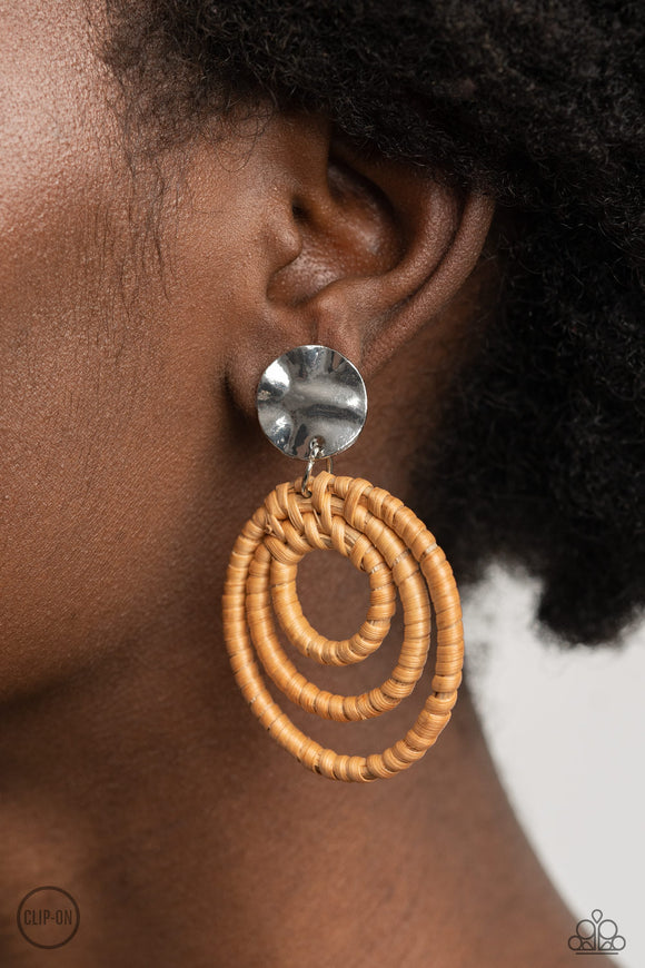 Whimsically Wicker - Brown Clip-On Earrings - Paparazzi Accessories