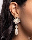 Esteemed Elite - White Clip-On Earrings - Paparazzi Accessories