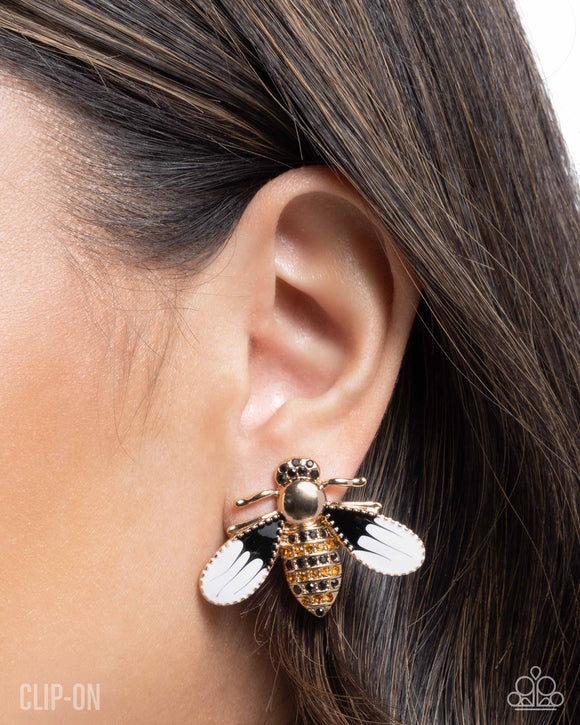Blissful Bee - Gold Clip-On Earrings - Paparazzi Accessories
