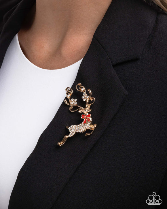 Reindeer Games - Gold Brooch - Paparazzi Accessories