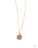 Emblematic Elegance - Gold - F Necklace - Paparazzi Accessories Necklace Bedazzle Me Pretty Mobile Fashion Boutique
