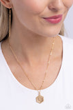 Emblematic Elegance - Gold - F Necklace - Paparazzi Accessories Necklace Bedazzle Me Pretty Mobile Fashion Boutique