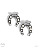 Harmonious Horseshoe - White Clip-On Earrings - Paparazzi Accessories Clip-On Bedazzle Me Pretty Mobile Fashion Boutique