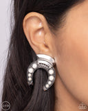 Harmonious Horseshoe - White Clip-On Earrings - Paparazzi Accessories Clip-On Bedazzle Me Pretty Mobile Fashion Boutique