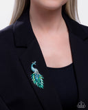 Peacock Pedestal - Blue Brooch - Paparazzi Accessories Brooch Bedazzle Me Pretty Mobile Fashion Boutique