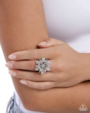 Petaled Premonition - White Ring - Paparazzi Accessories Ring Bedazzle Me Pretty Mobile Fashion Boutique