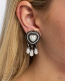 Sumptuous Story - White Clip-On Earrings - Paparazzi Accessories Clip-On Bedazzle Me Pretty Mobile Fashion Boutique