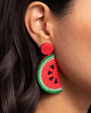 Watermelon Welcome - Red Post Earrings - Paparazzi Accessories Post Earrings Bedazzle Me Pretty Mobile Fashion Boutique