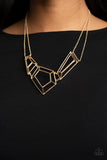 3-D Drama - Gold Necklace - Paparazzi Accessories Necklace Bedazzle Me Pretty Mobile Fashion Boutique