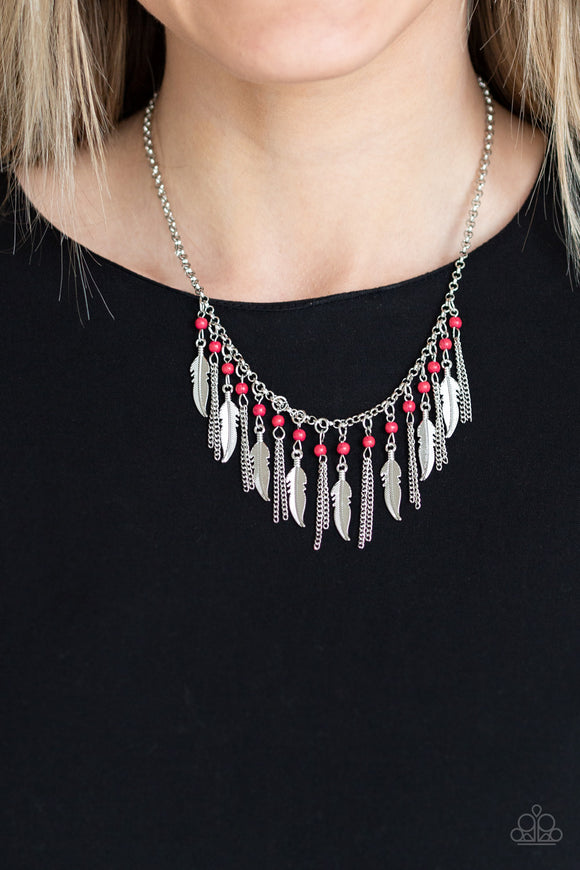 Feathered Ferocity - Red Necklace - Paparazzi Accessories
