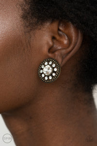 Dazzling Definition - Brass Clip-On Earrings - Paparazzi Accessories