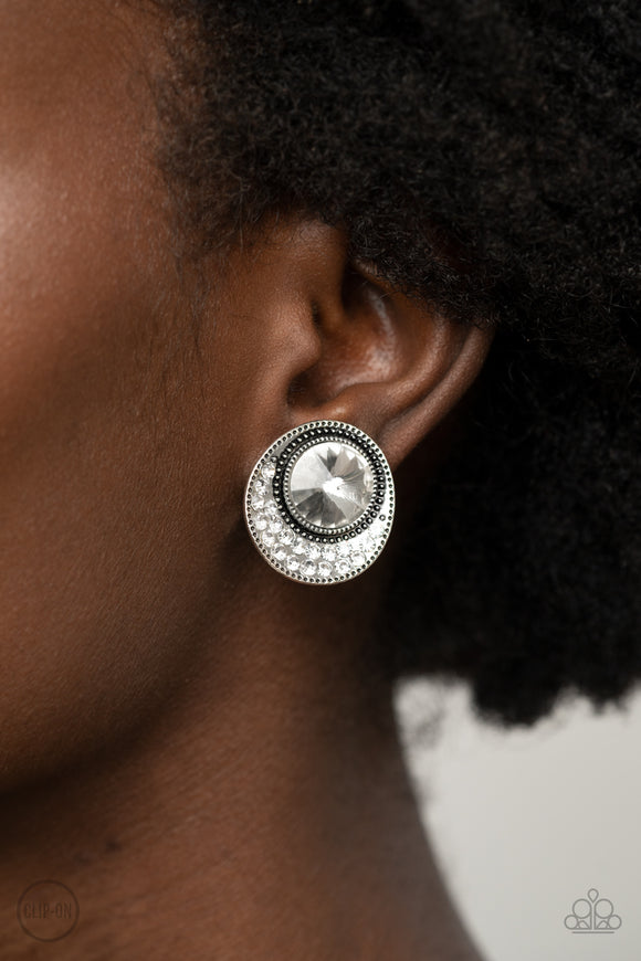 Off The RICHER-Scale - White Clip-On Earrings - Paparazzi Accessories