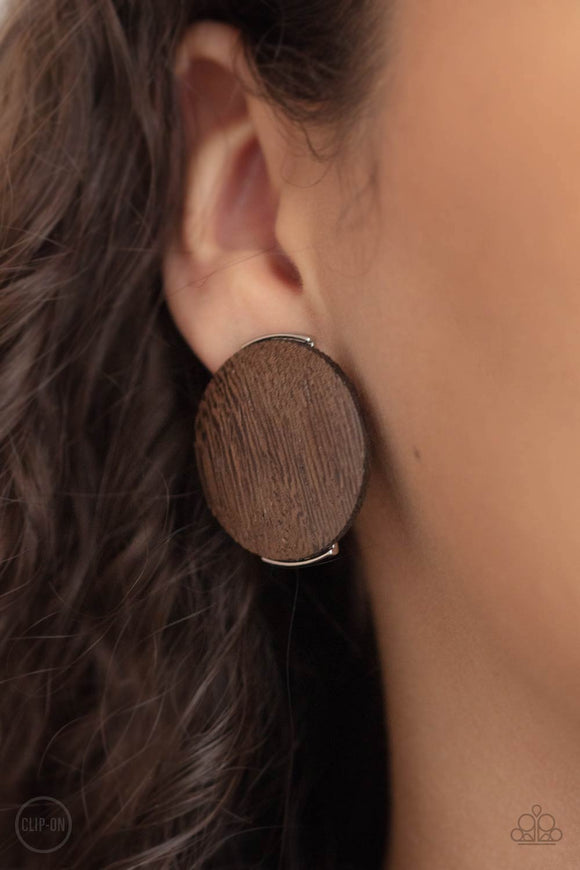 WOODWORK It - Brown Clip-On Earrings - Paparazzi Accessories