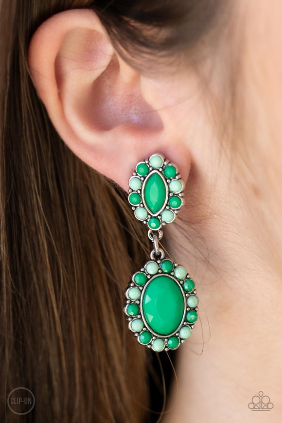 Positively Pampered - Green Clip-On Earrings - Paparazzi Accessories