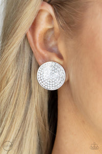 Drama on Demand - White Clip-On Earrings - Paparazzi Accessories