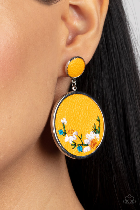 Embroidered Gardens - Yellow Post Earrings - Paparazzi Accessories