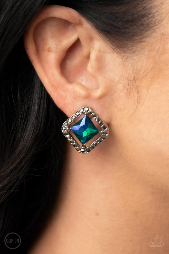 Cosmic Catwalk - Green Clip-On Earrings - Paparazzi Accessories