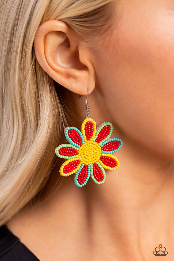 Decorated Daisies - Red Earrings - Paparazzi Accessories