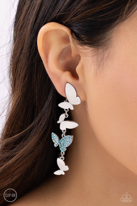 Flying Flashy - Blue Clip-On Earrings - Paparazzi Accessories