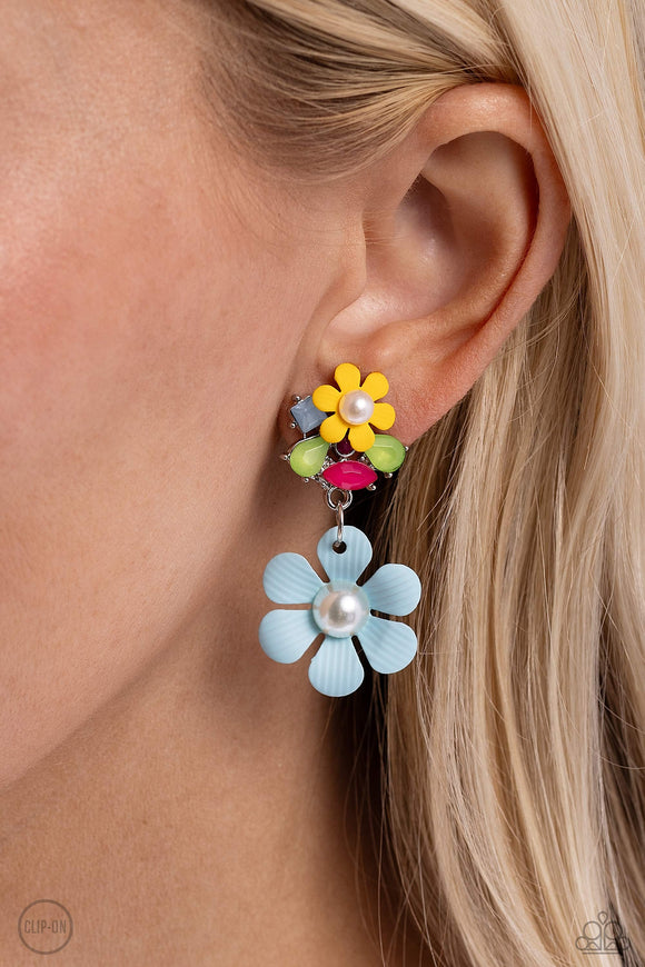 Festive Florals - Blue Clip-On Earrings - Paparazzi Accessories