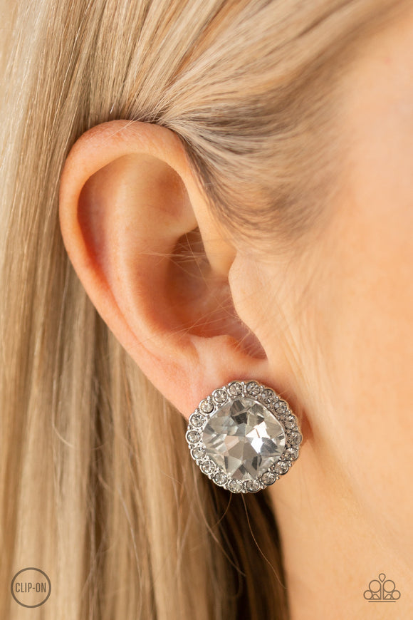 Diamond Duchess - White Clip-On Earrings - Paparazzi Accessories