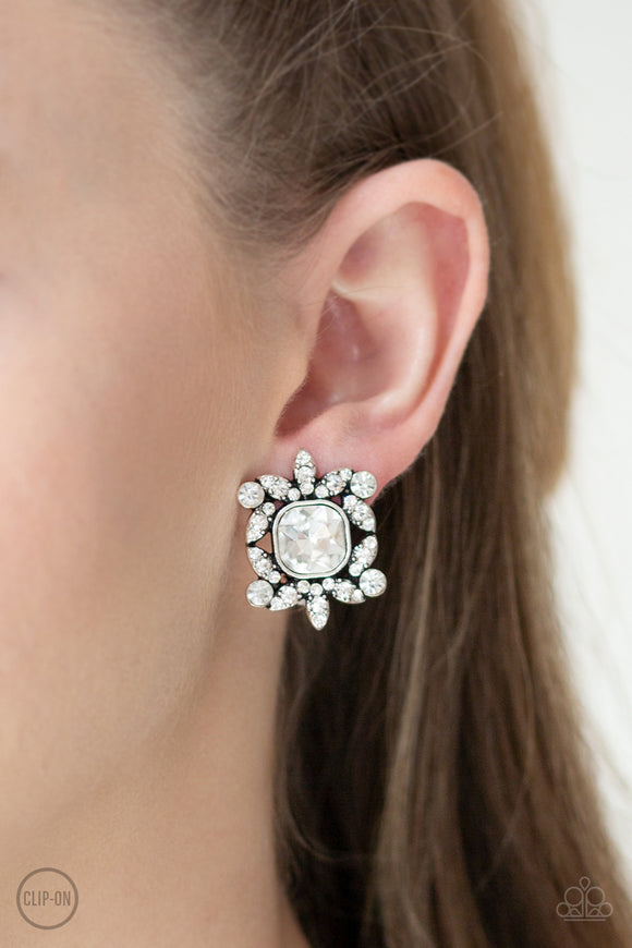 First-Rate Famous - White Clip-On Earrings - Paparazzi Accessories