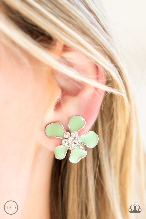 Island Iris - Green Clip-On Earrings - Paparazzi Accessories