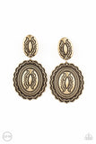 Ageless Artifact - Brass Clip-On Earrings - Paparazzi Accessories Clip-On Earrings Bedazzle Me Pretty Mobile Fashion Boutique