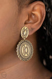 Ageless Artifact - Brass Clip-On Earrings - Paparazzi Accessories Clip-On Earrings Bedazzle Me Pretty Mobile Fashion Boutique