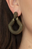Better Buckle Up - Brass Clip-On Earrings - Paparazzi Accessories Clip-On Earrings Bedazzle Me Pretty Mobile Fashion Boutique