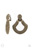 Better Buckle Up - Brass Clip-On Earrings - Paparazzi Accessories Clip-On Earrings Bedazzle Me Pretty Mobile Fashion Boutique