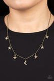 Cosmic Runway - Brass Necklace - Paparazzi Accessories Necklace Bedazzle Me Pretty Mobile Fashion Boutique
