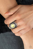 Dashingly Dewy - Yellow Ring - Paparazzi Accessories Ring Bedazzle Me Pretty Mobile Fashion Boutique