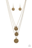 Dizzying Discs - Brass Necklace - Paparazzi Accessories Necklace Bedazzle Me Pretty Mobile Fashion Boutique