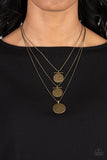 Dizzying Discs - Brass Necklace - Paparazzi Accessories Necklace Bedazzle Me Pretty Mobile Fashion Boutique