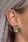 Flowering Dazzle - Brass Clip-On Earrings - Paparazzi Accessories Clip-On Earrings Bedazzle Me Pretty Mobile Fashion Boutique