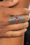 Shield in Place - Red Ring - Paparazzi Accessories Ring Bedazzle Me Pretty Mobile Fashion Boutique