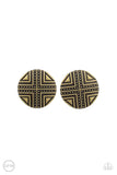 Shielded Shimmer - Brass Clip-On Earrings - Paparazzi Accessories Clip-On Earrings Bedazzle Me Pretty Mobile Fashion Boutique