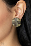 Shielded Shimmer - Brass Clip-On Earrings - Paparazzi Accessories Clip-On Earrings Bedazzle Me Pretty Mobile Fashion Boutique